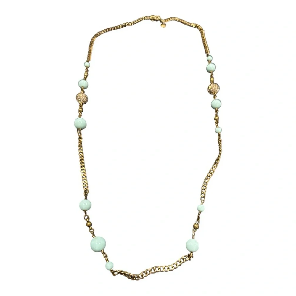 J. Crew Necklace Beaded Station Rhinestone Light Blue Antique Gold Tone 32” JB1